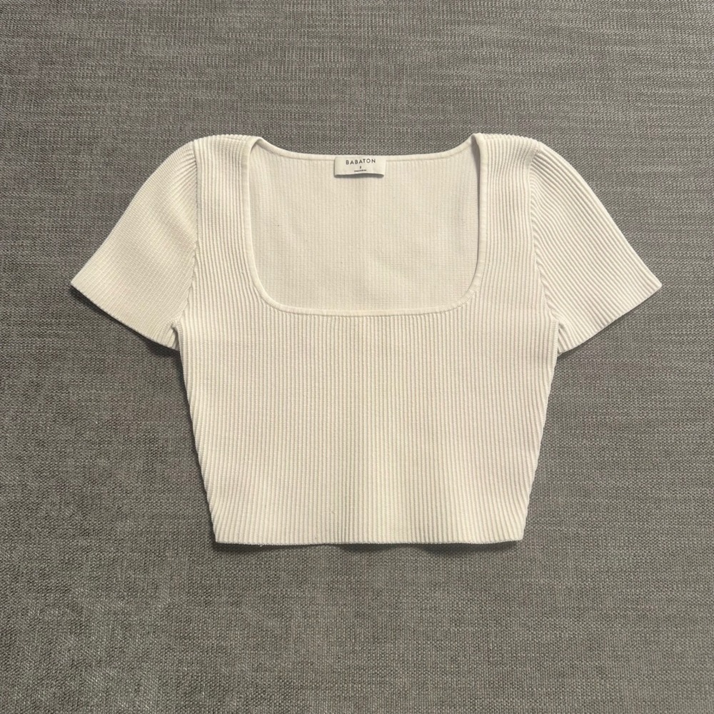 Babaton Knit Top Womens Small Cream Ribbed Square Neck Short Sleeve